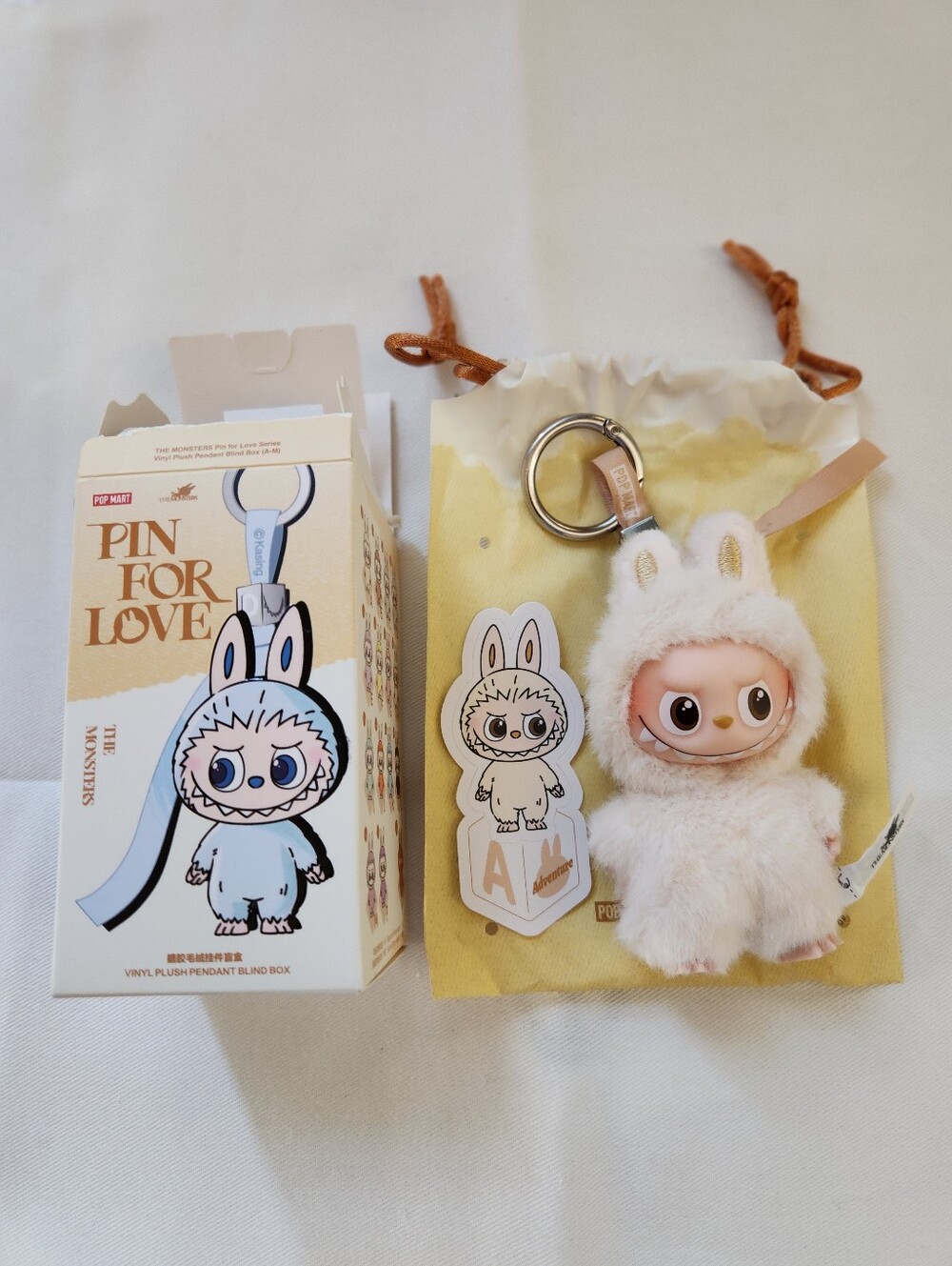 POP MART Labubu Pin for Love Series White Plush Pendant - Letter A